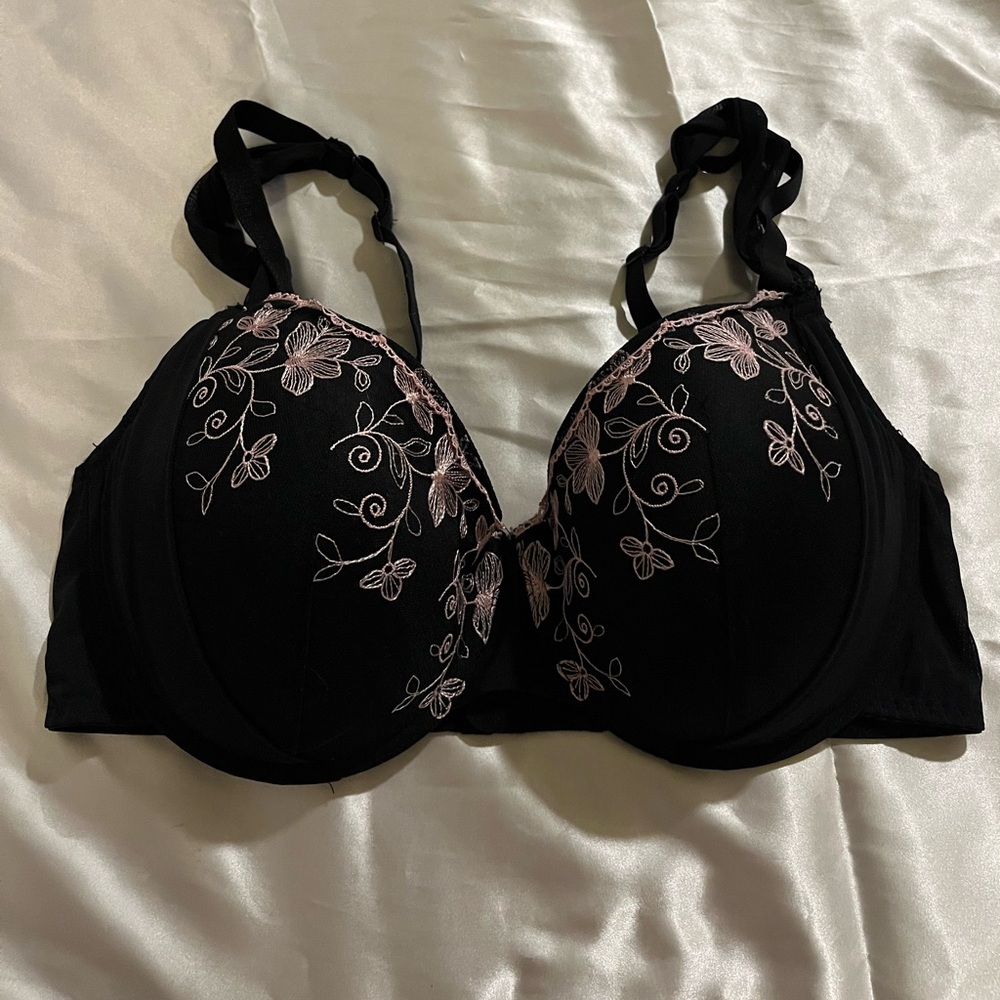 Adore Me Black Bra with Pink Floral Design